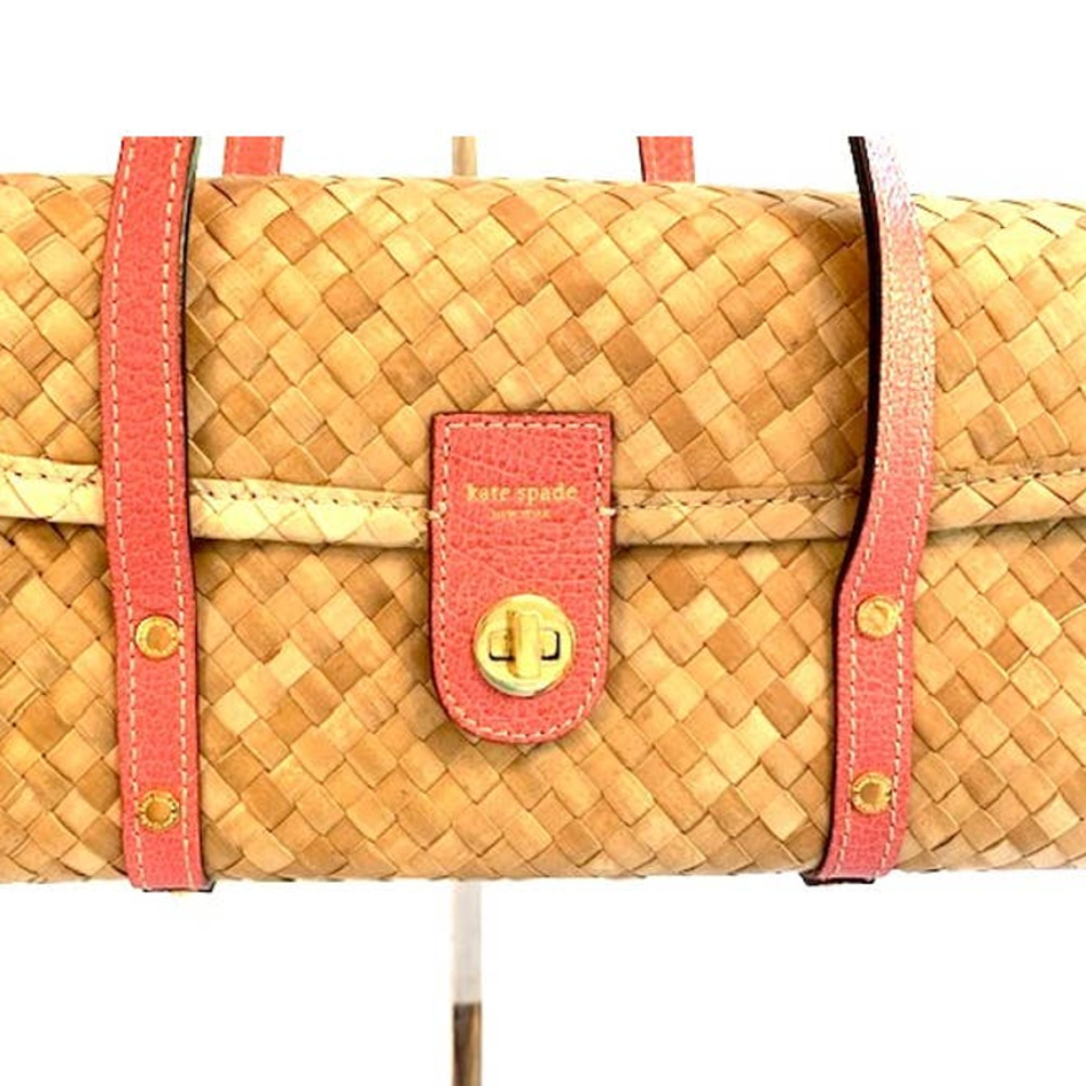 Kate Spade Wine / Picnic Basket shoulder bag Straw Wicker Rattan Pink trim - Picture 2 of 10